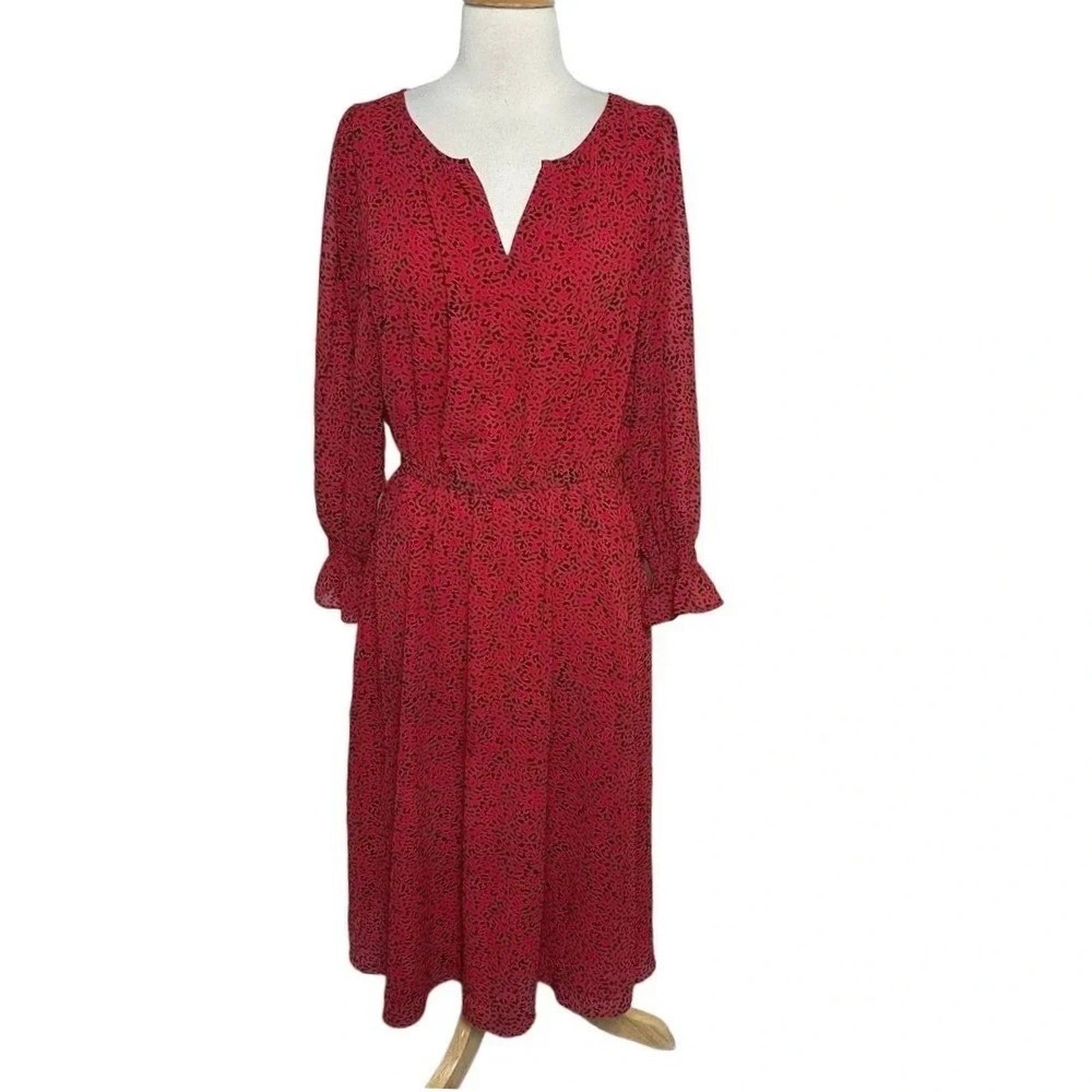 Talbots Midi Dress 8 Red Black Abstract Animal Print Long Sleeve Ruffle Cuff